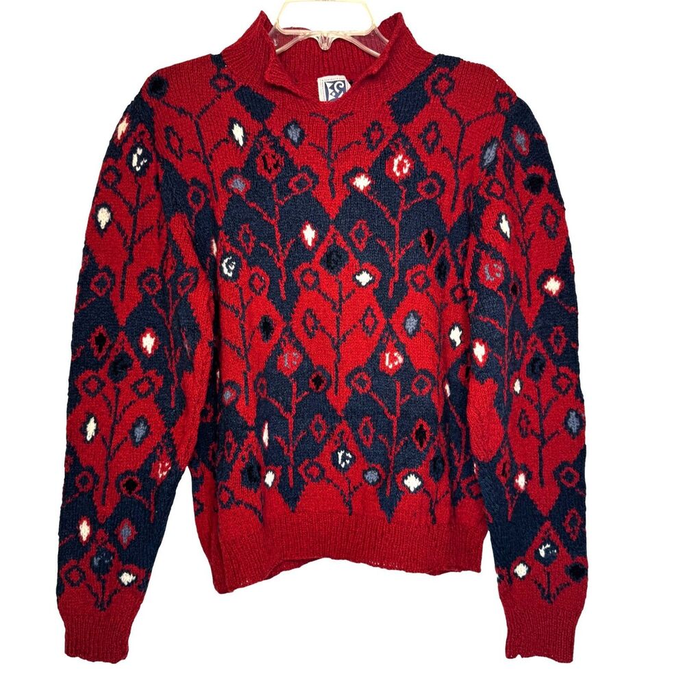 Muir and Osborne Red Sweater Womens Small Hand Knit Cotton Fair Isle Vintage 80s